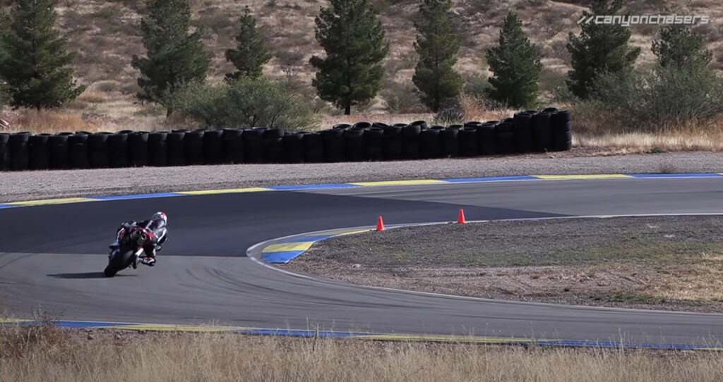 Ducati 848 entering a downhill, right-hand bend