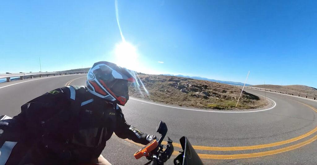 Motorcycle in a switchback corner on beartooth highway