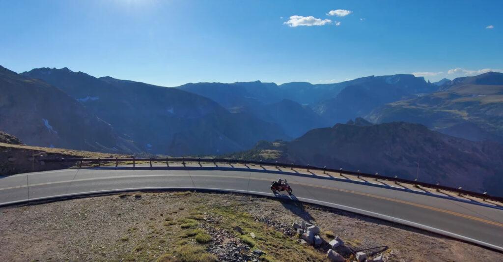 Motorcycle on top of beartooth highway pass in Wyoming montana