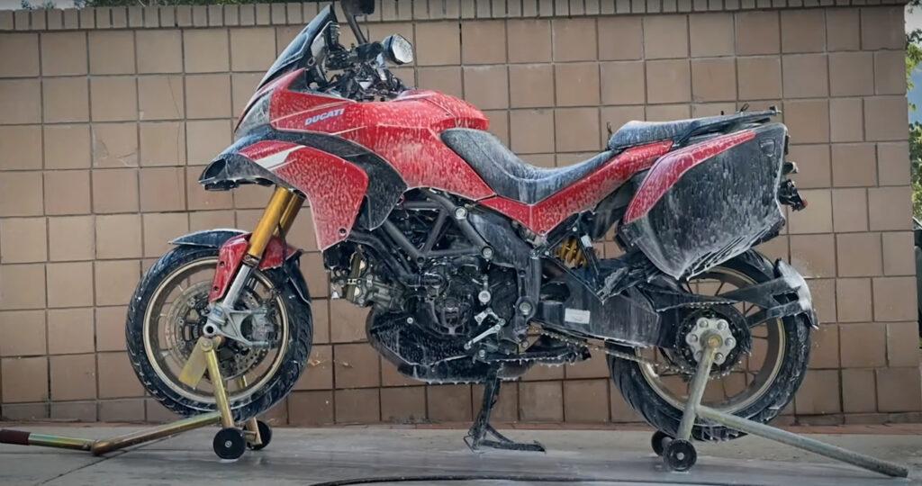 Motorcycle covered in soap