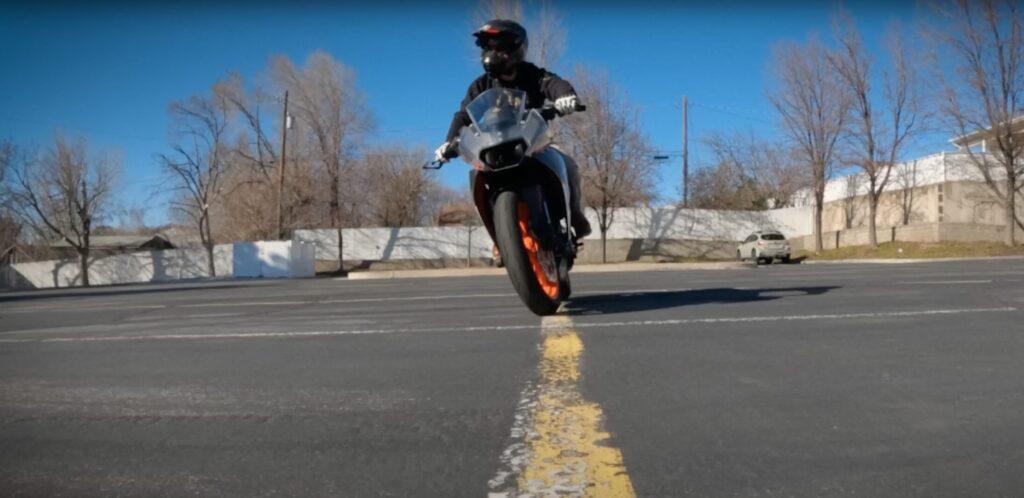 Slow motion of a motorcycle countersteering