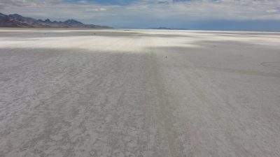 The Bonneville Salt Flats stretching to the horizon under a wide sky