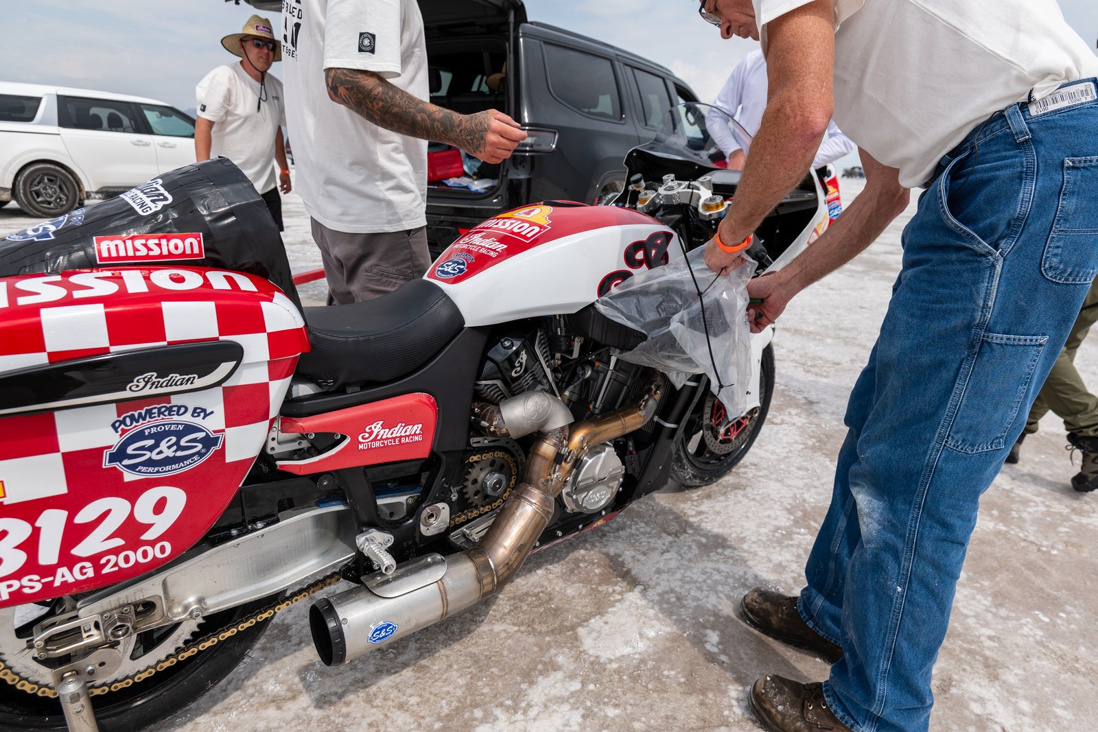 A factory-backed Indian race bike being prepped on the salt at the Bonneville Motorcycle Speed Trials