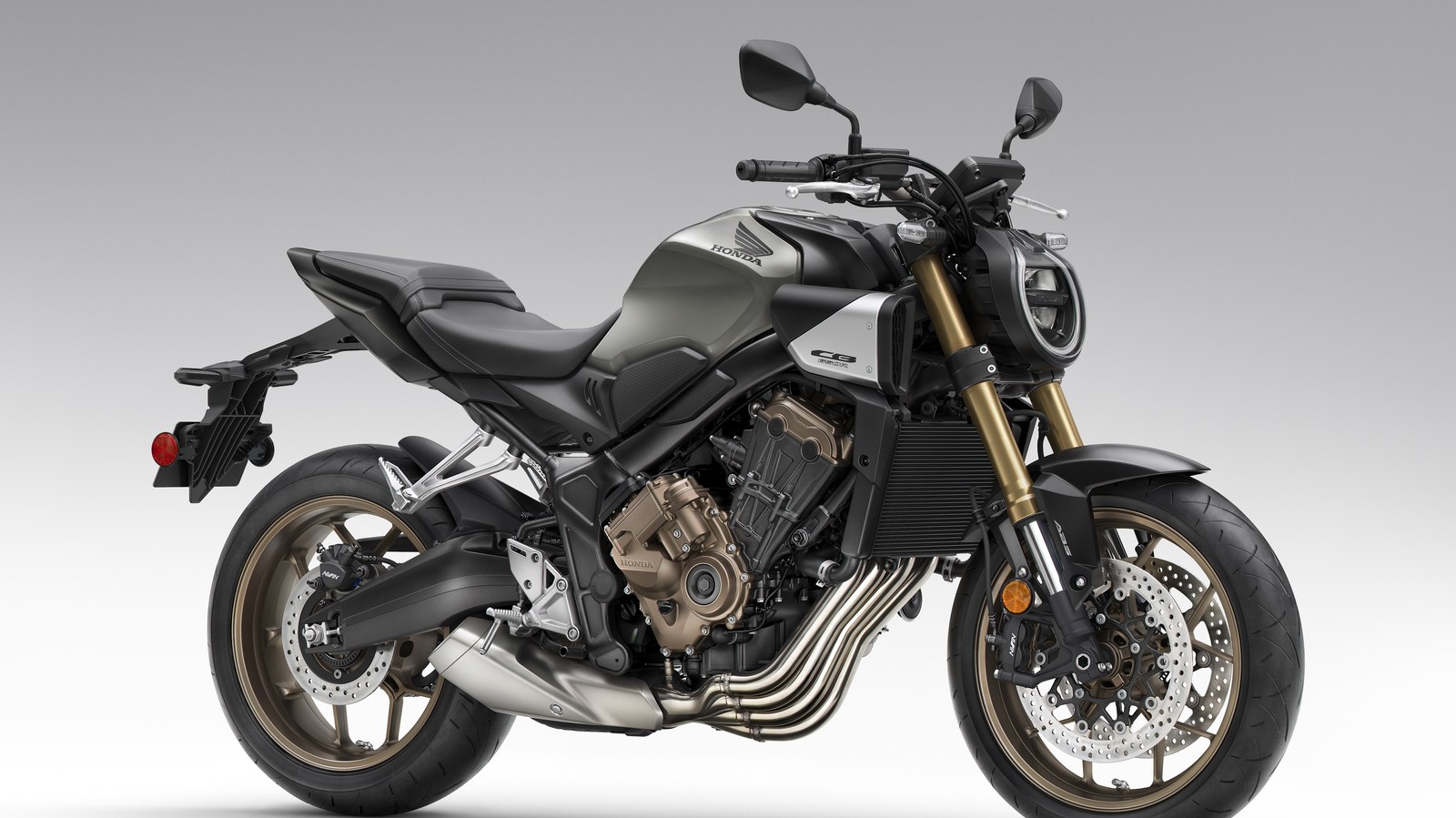 Honda CB650R in Pearl Smoky Gray photographed in the studio from the front three-quarter angle