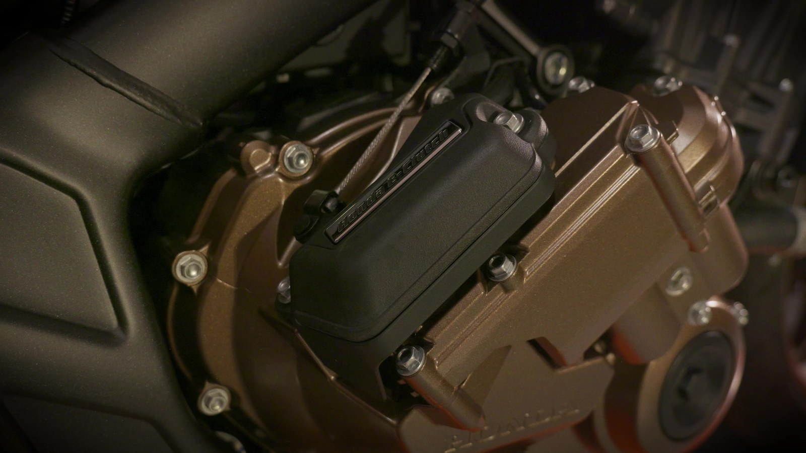 Close detail of the Honda CB650R inline-four engine cases