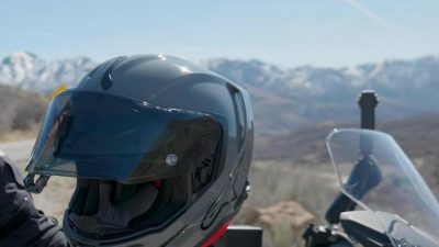 Alpinestars Supertech R7 helmet mounted on a motorcycle