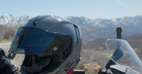 Alpinestars Supertech R7 helmet mounted on a motorcycle