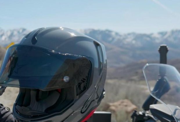 Alpinestars Supertech R7 helmet mounted on a motorcycle