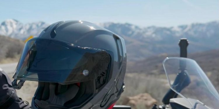 Alpinestars Supertech R7 helmet mounted on a motorcycle