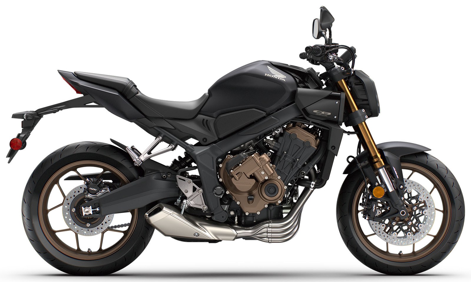 Studio side profile of a black Honda CB650R showing the waterfall exhaust and inline-four engine