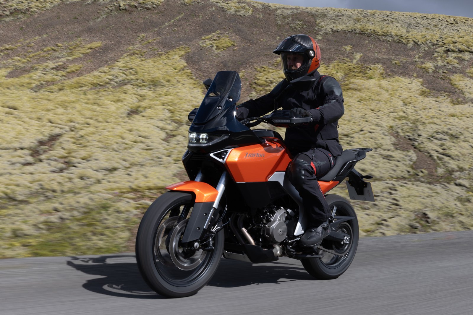 2026 Norton Atlas leaned into a corner on a volcanic Icelandic road