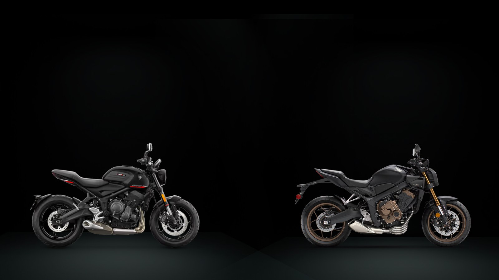 Studio side profile of the Triumph Trident 660 and Honda CB650R on a black background