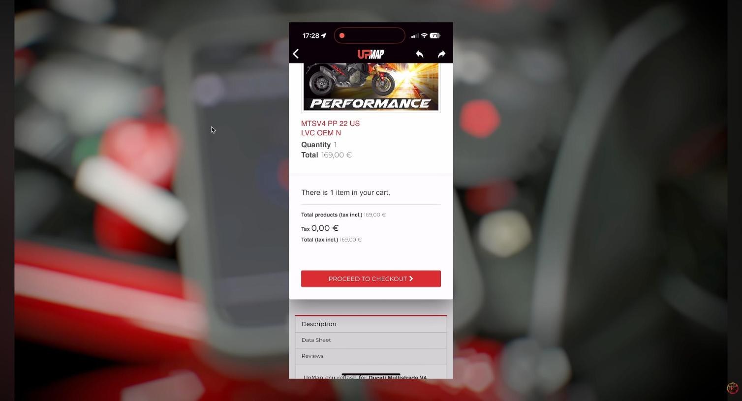 The UpMap app on a phone showing the map purchase screen for the Multistrada V4