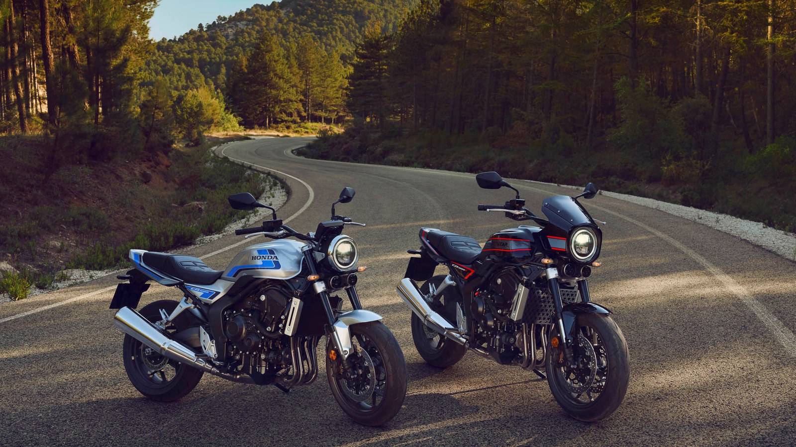 The upcoming retro-styled Honda CB1000F on a forest road