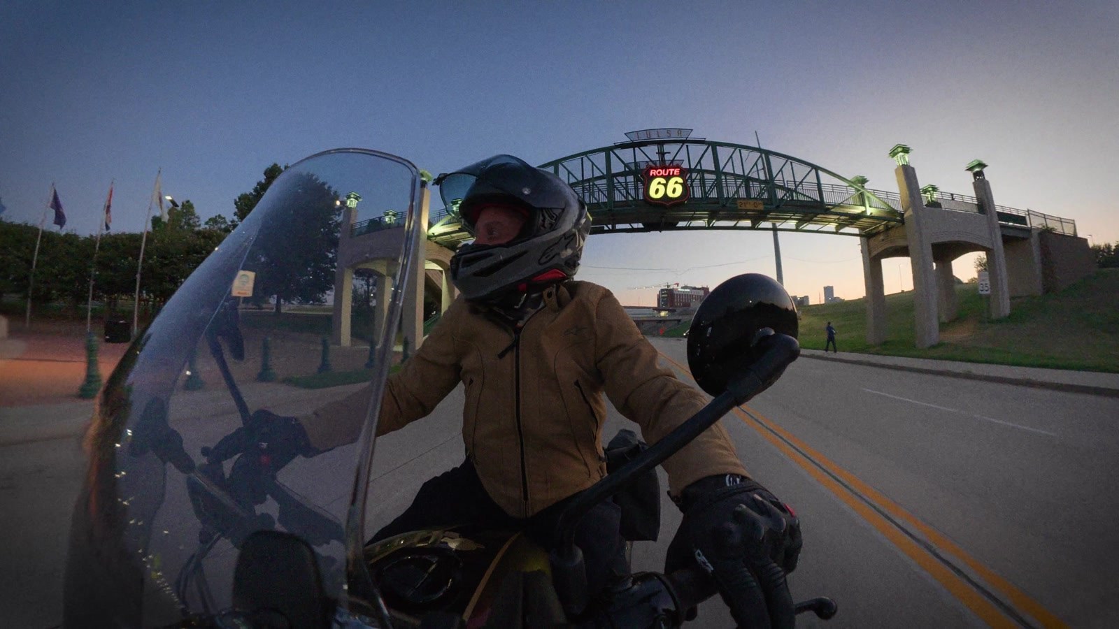 Under the Route 66 arch in Tulsa at first light.