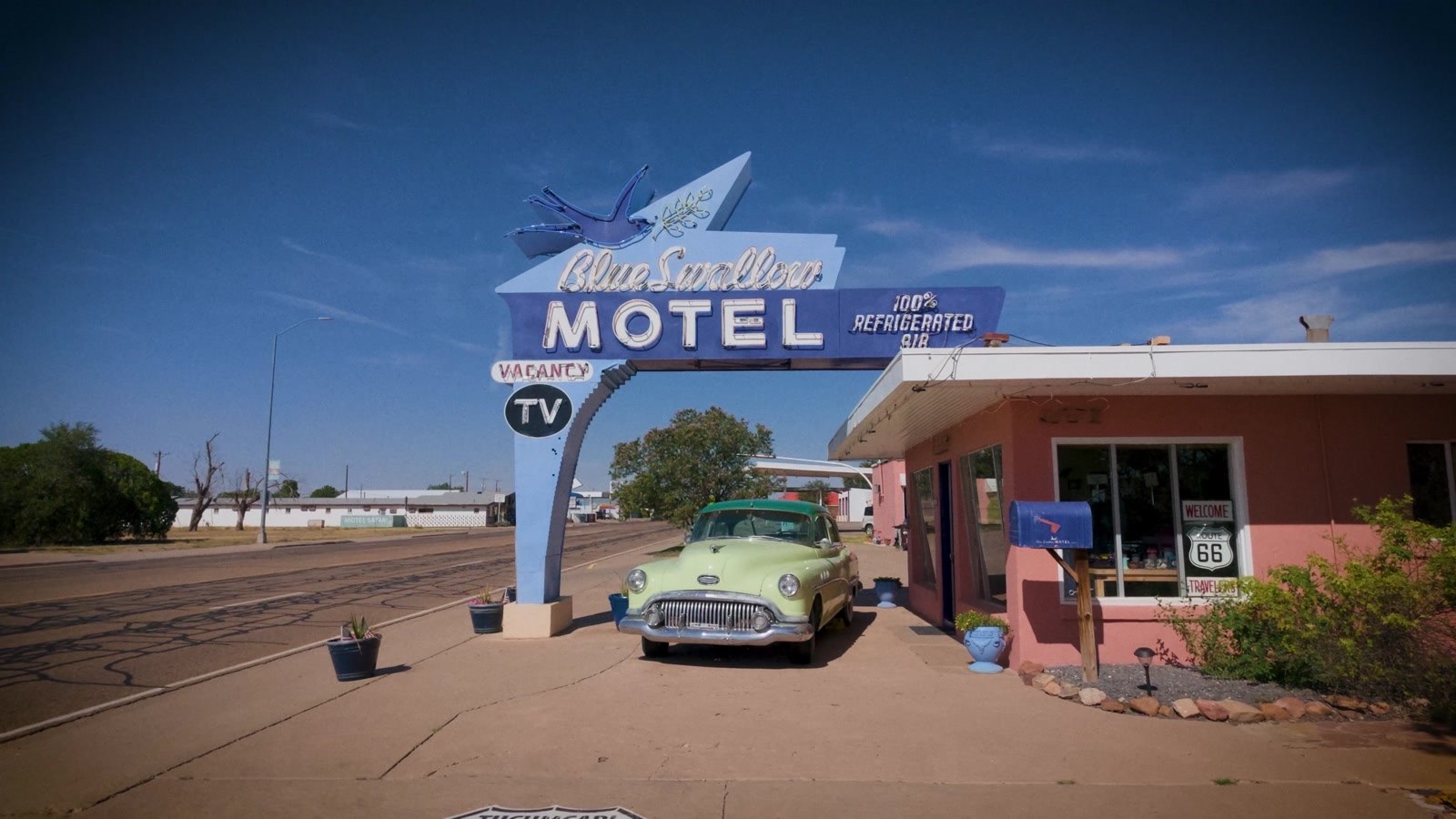 The Blue Swallow Motel, Tucumcari. Built 1939, and still with a garage for every room.