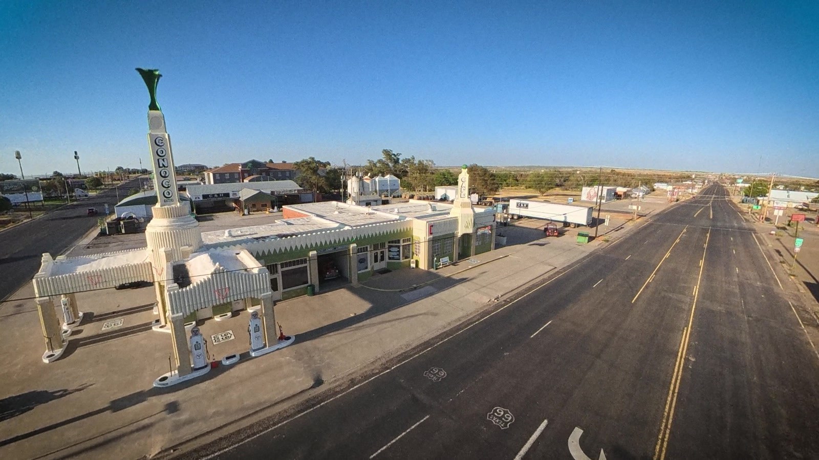 The U-Drop Inn, Shamrock, Texas. The best building on Route 66, designed with a nail in a motel driveway.
