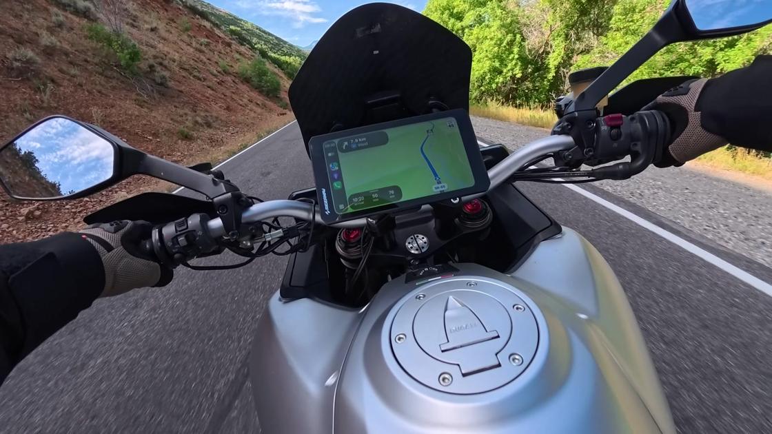 RiderNav R7X on the Multistrada, CarPlay map up, heading down East Canyon