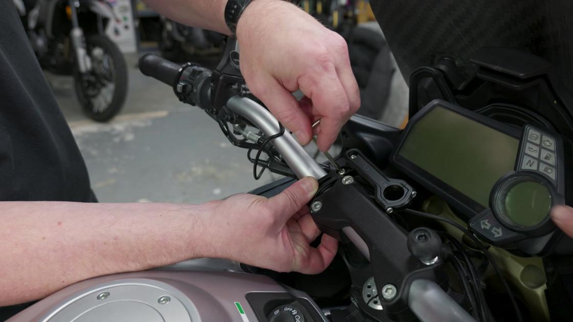 The handlebar cradle goes on with the included hardware and still leaves room to fine-tune the angle
