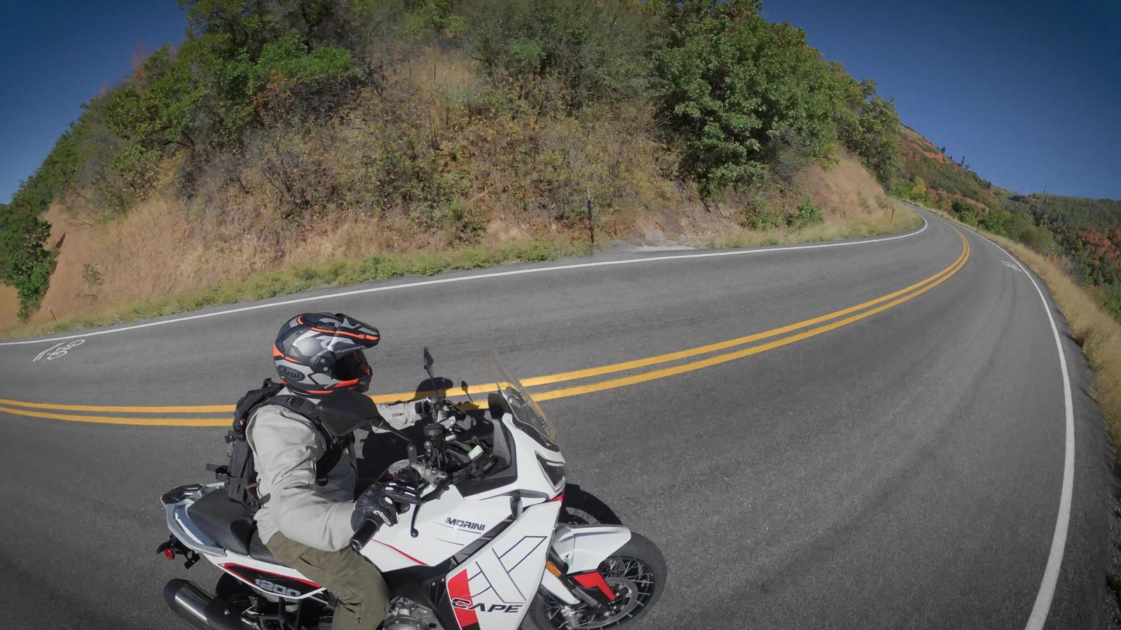 Moto Morini X-Cape 1200 leaned over in a canyon corner
