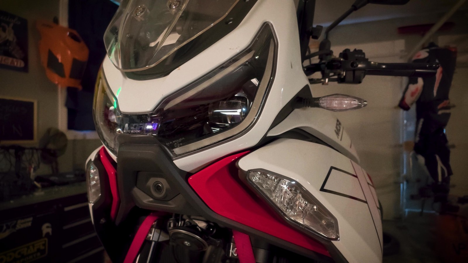 Front view of the Moto Morini X-Cape 1200 headlights