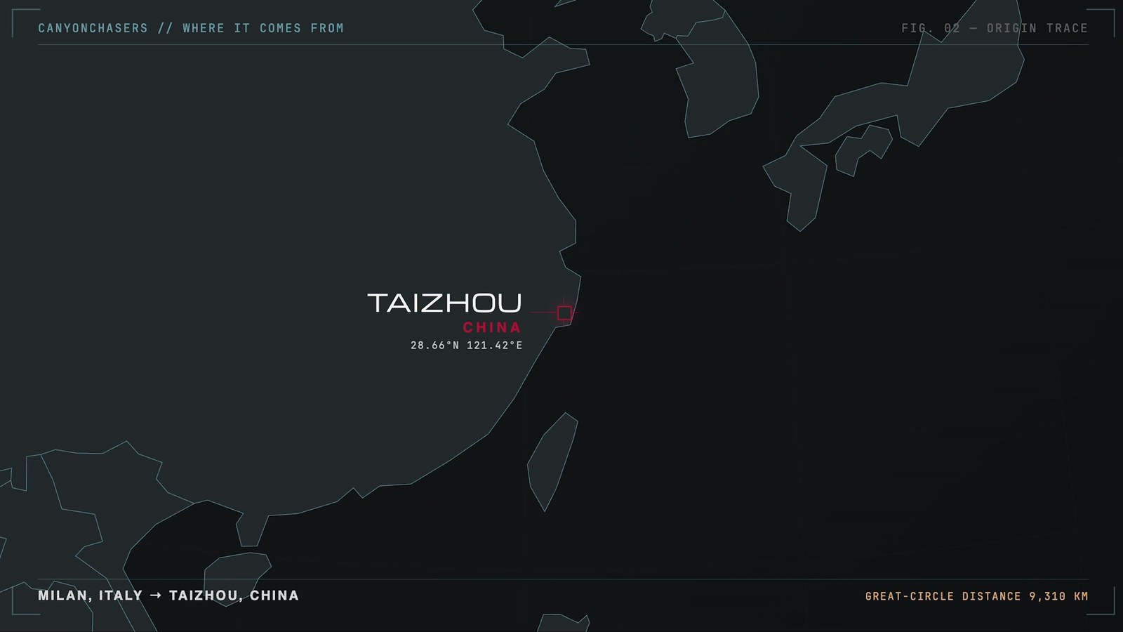 Map showing Milan, Italy and Taizhou, China