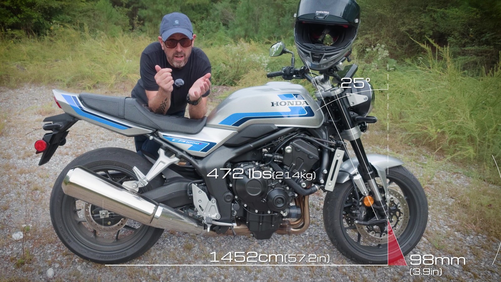 25 degrees of rake, 98mm of trail and 472 lb. The steering geometry is within a millimeter of the CB750 Hornet's.