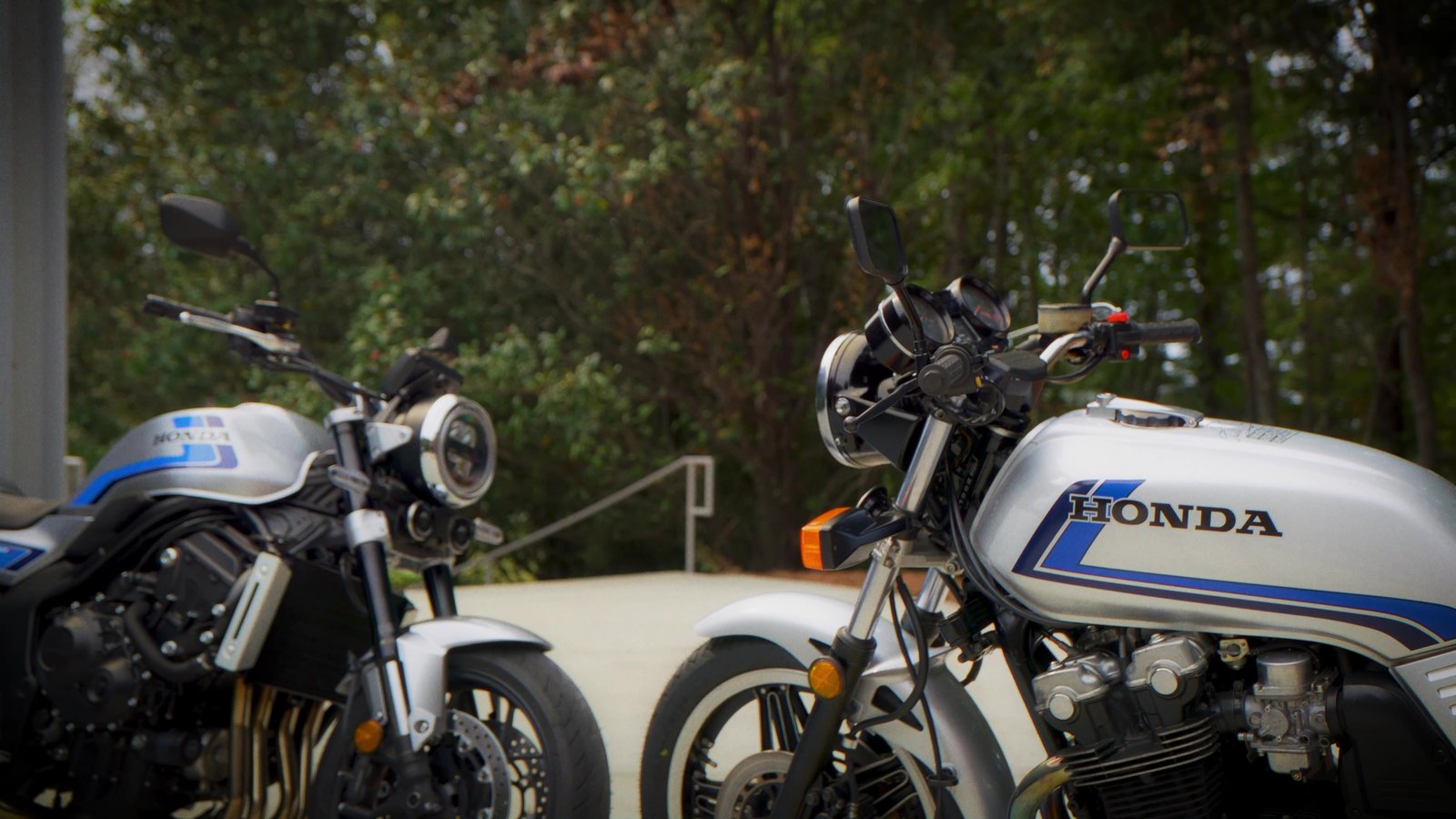 The new CB1000F beside an original CB750F. Wider, but every shape is still in proportion.