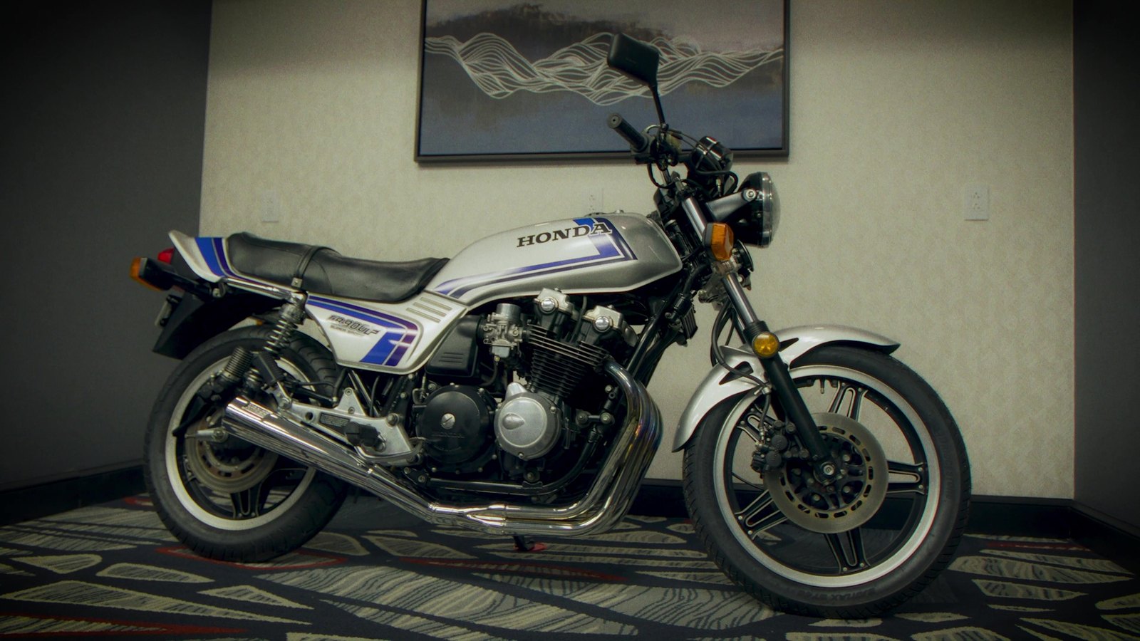An original Honda CB750F in Freddie Spencer colors. Its tank, side cover and duck tail set the template for a decade of Honda fours.