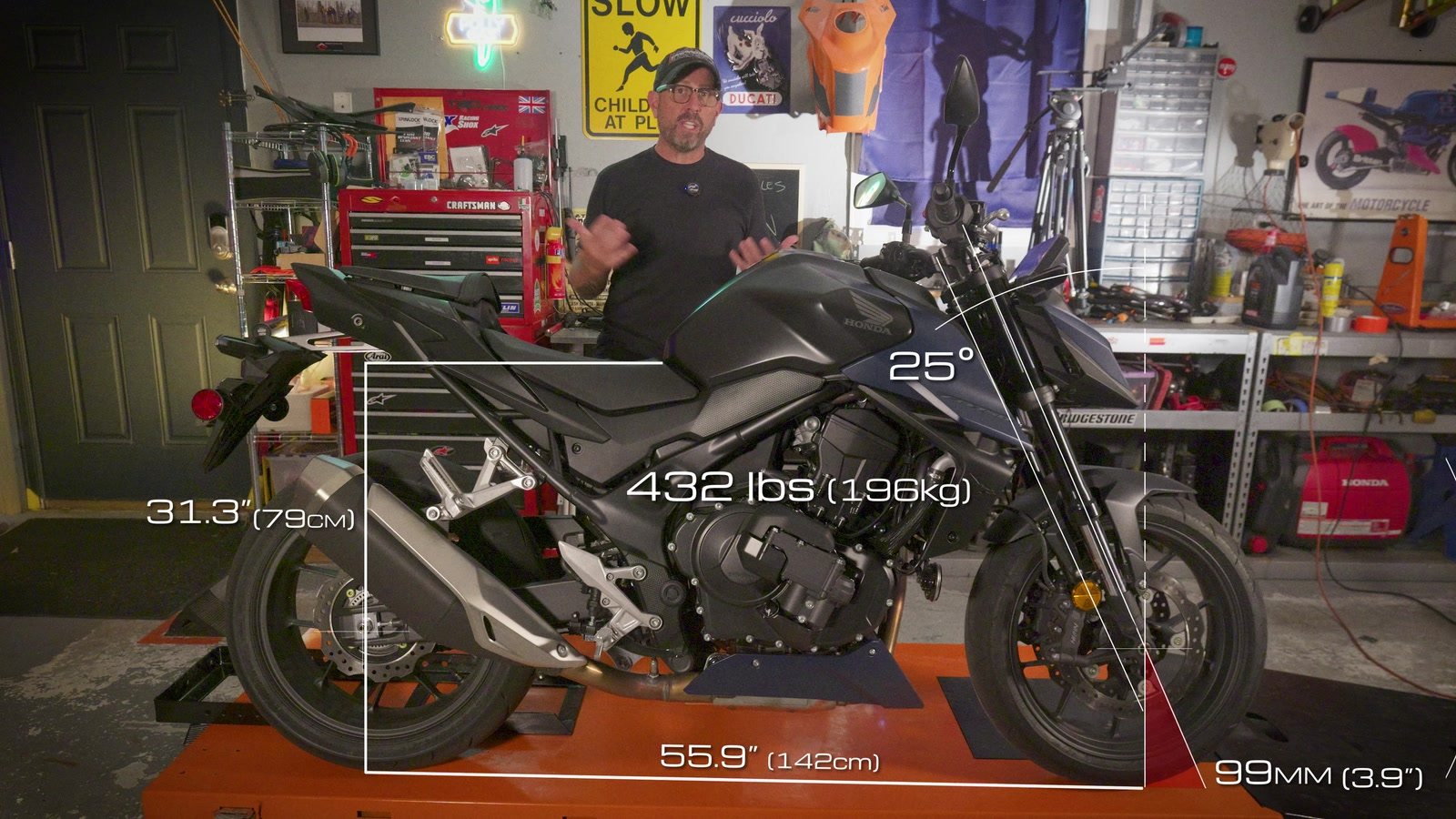 The numbers that matter: 432 lb, 55.9 in wheelbase, 25 degrees of rake, 99mm of trail and a 31.3 in seat.