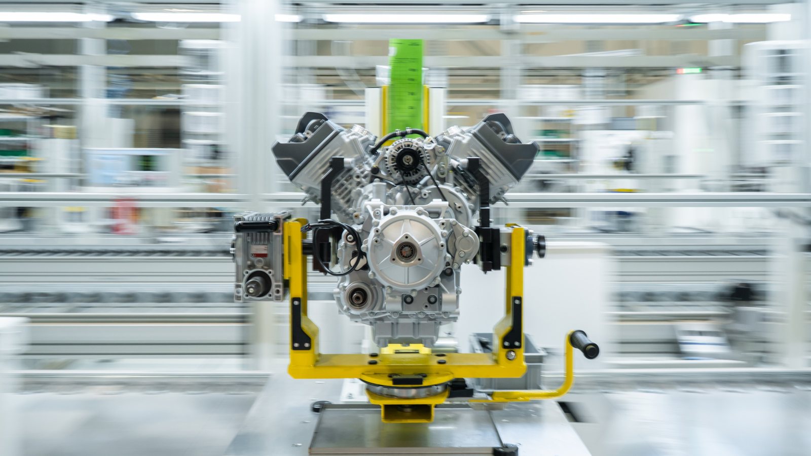 A Moto Guzzi V-twin engine on a carrier on the automated assembly line