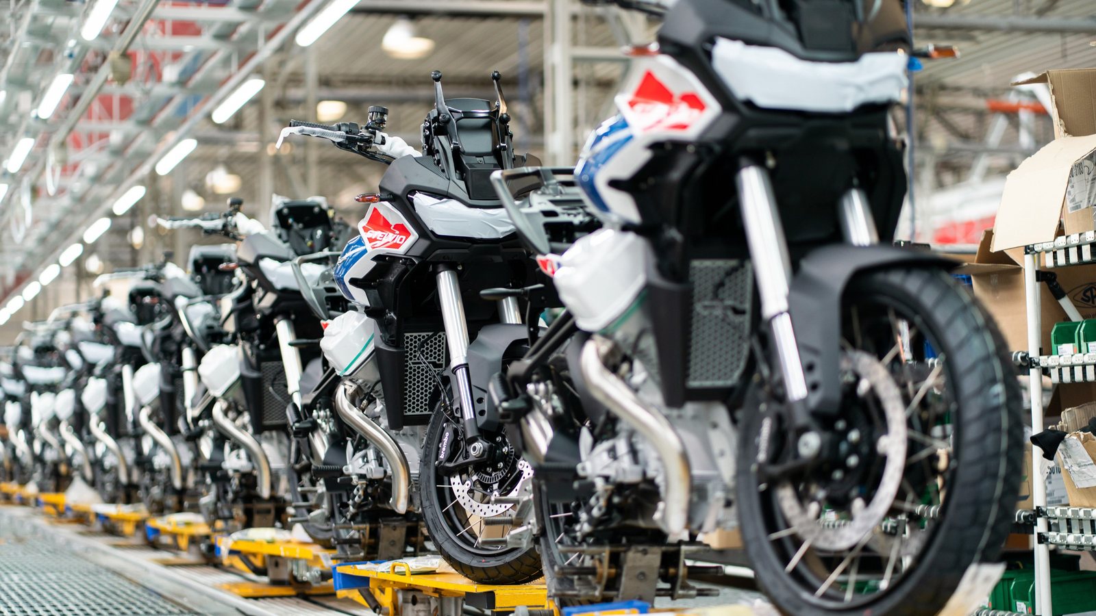 Motorcycles on the final assembly line at the Moto Guzzi factory