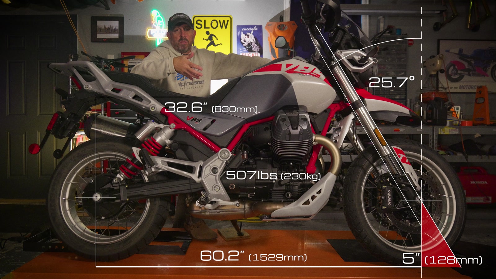 V85 TT geometry: 25.7&deg; rake, 128mm trail, 60.2 in wheelbase, 507 lb.