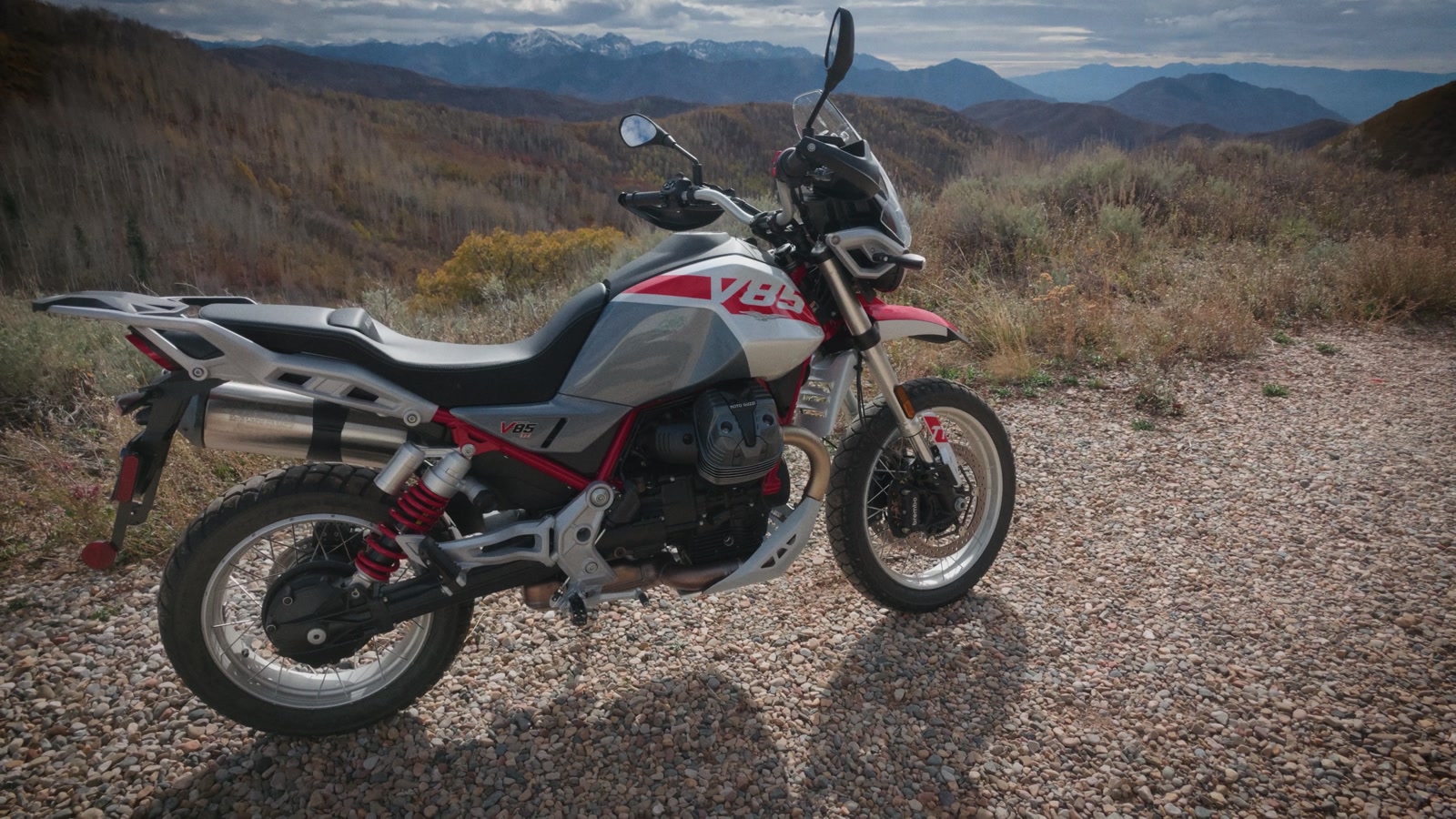 The 2027 Moto Guzzi V85 TT in red, white and grey.
