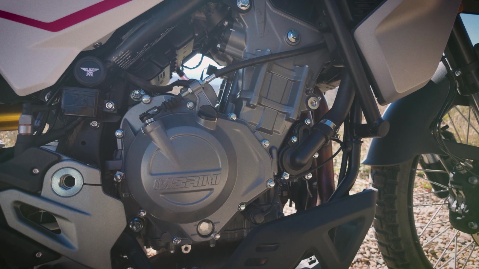 Close-up of the Moto Morini Vettore 450 parallel-twin engine and skid plate