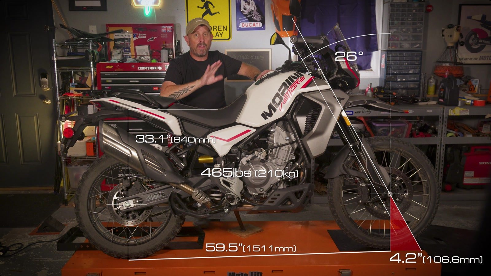 Moto Morini Vettore 450 geometry graphic showing 26 degree rake, 4.2 inch trail, 59.5 inch wheelbase, 33.1 inch seat height and 465 lb weight