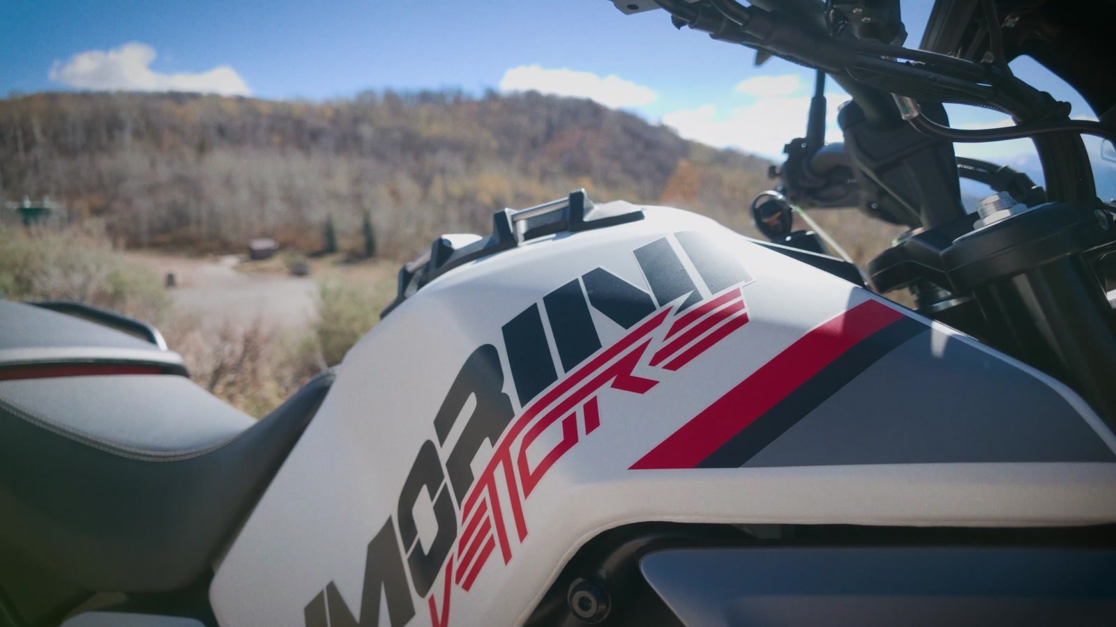 Moto Morini Vettore 450 white tank with red and black graphics